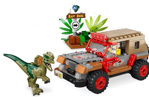 Jurassic Park Hinterhalt des Dilophosaurus, Dinosaurier Spielzeug Set mit Figur und Jeep (221 Bausteine, kompatibel mit 76958)
