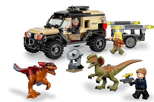 Jurassic World Pyroraptor & Dilophosaurus Transport, Dinosaurier-Spielzeug mit Off-Road-Spielzeugauto (303 Teile, kompatibel mit 76951)