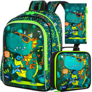 Großer Rucksack mit coolen Dino Motiv - inkl. Federtasche und Lunchbox