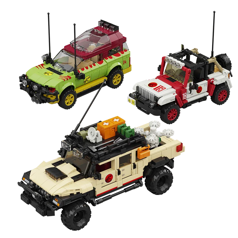 3er Set Jurassic World Jeep, Explorer Klemm-Bausein Spielzeug (1632 Teile)