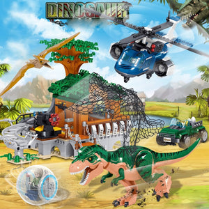 Jurassic Park Baustein Dino Set mit Hubschrauber, Dinos und Hütte (908 Teile) kaufen - Dinosaurier.store