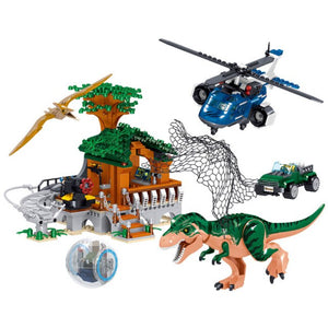 Jurassic Park Baustein Dino Set mit Hubschrauber, Dinos und Hütte (908 Teile) kaufen - Dinosaurier.store